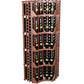 6-column curved corner wine bottle wall display in reddish wood with curved base