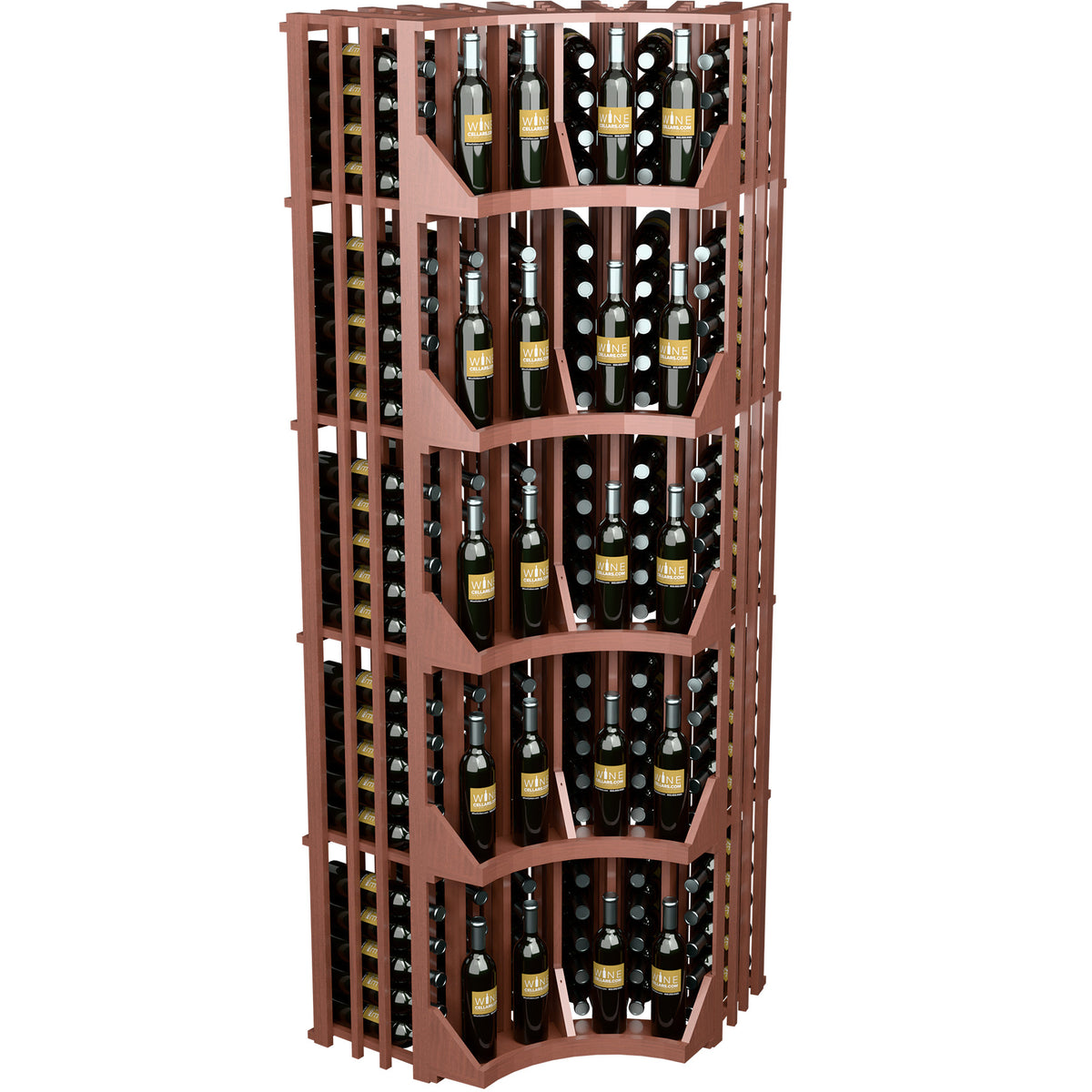 6-column curved corner wine bottle wall display in reddish wood with curved base