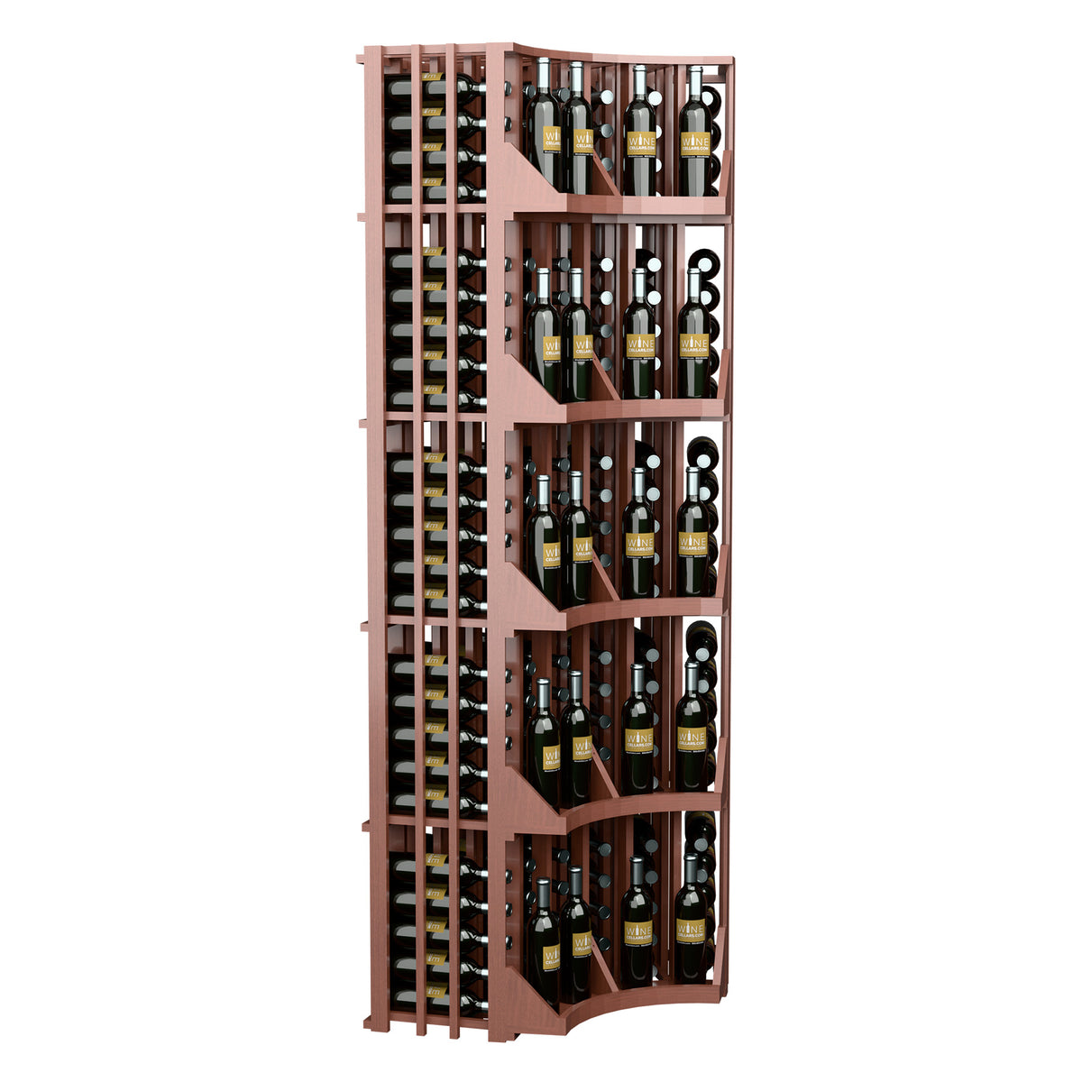Curved corner wine bottle display rack with 6 columns and open slatted compartments