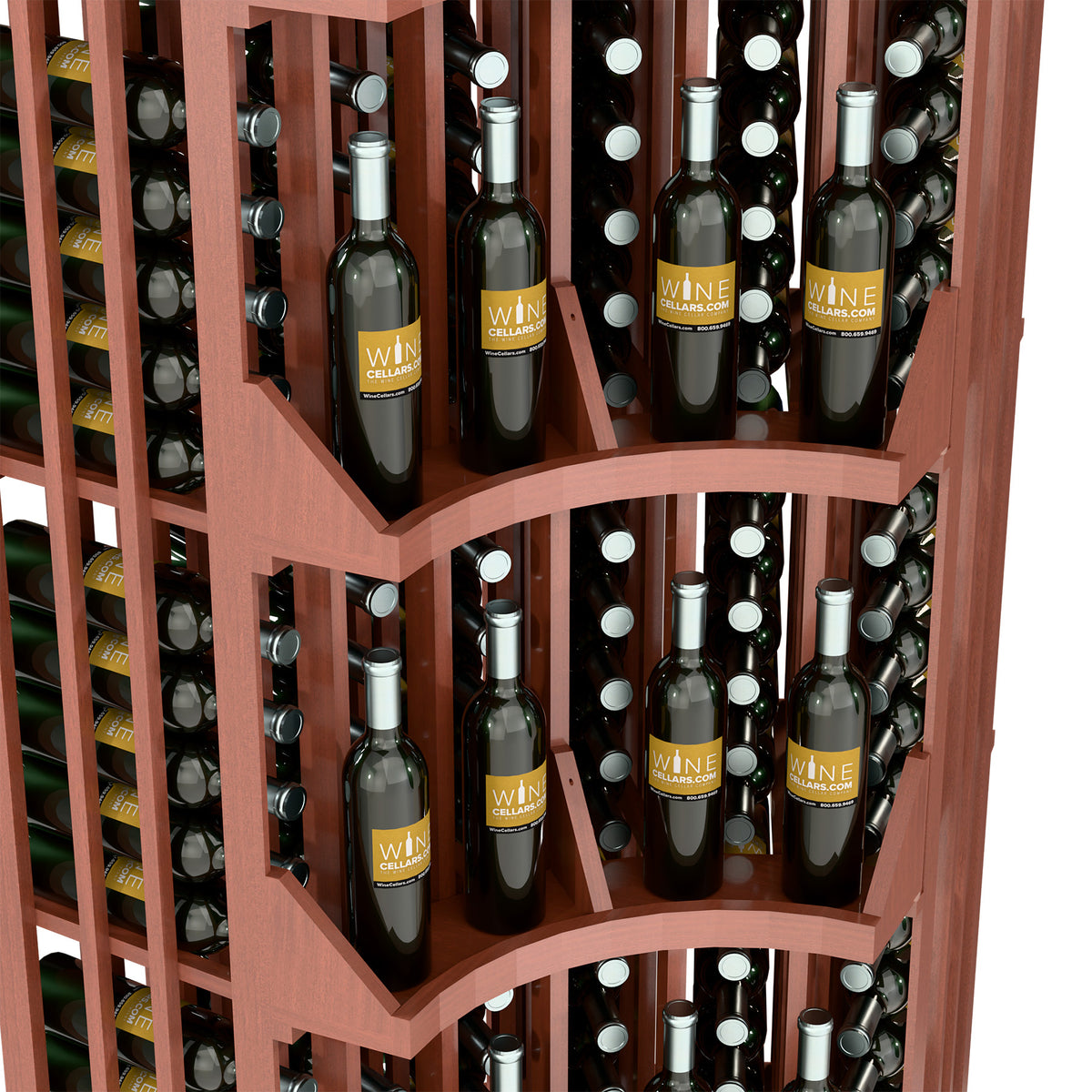 Curved corner wine rack with cubby shelves holding assorted wine bottles and labels