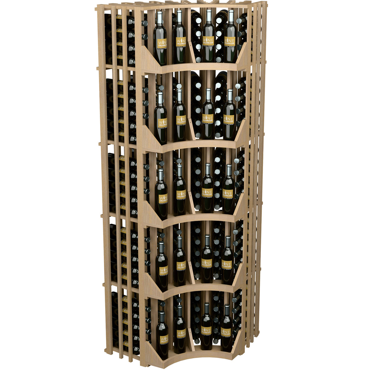 Light wood curved corner wine bottle display rack with 6 columns of bottle storage