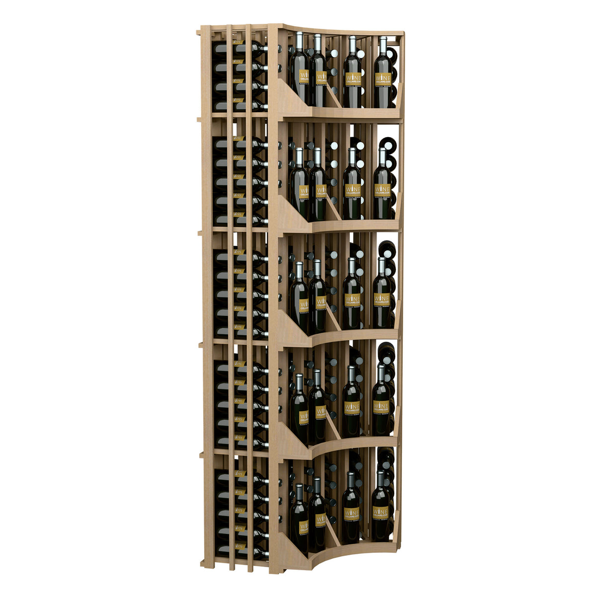 Dark wood curved corner wine bottle display rack with 6 columns and curved side frame