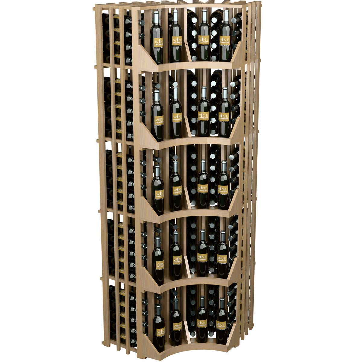 Light wood curved corner wine bottle display rack with angled cubby rows