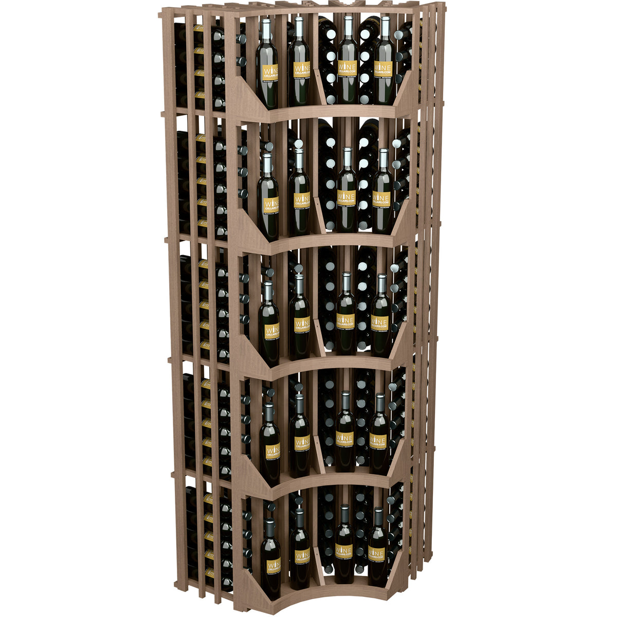 Light wood curved corner wine bottle display rack with six-column bottle layout