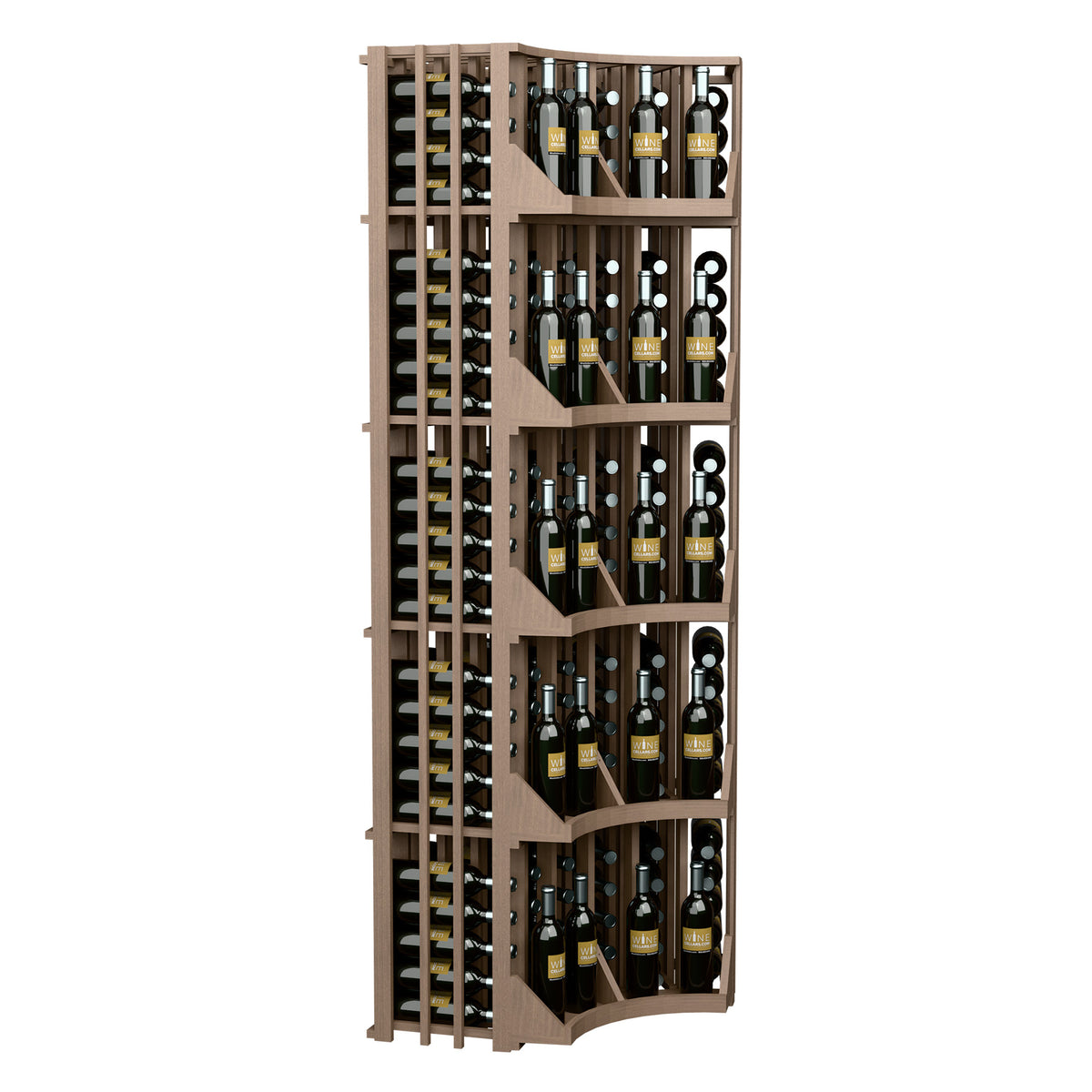 Curved corner wine bottle display rack with 6 columns and slatted bottle storage panels