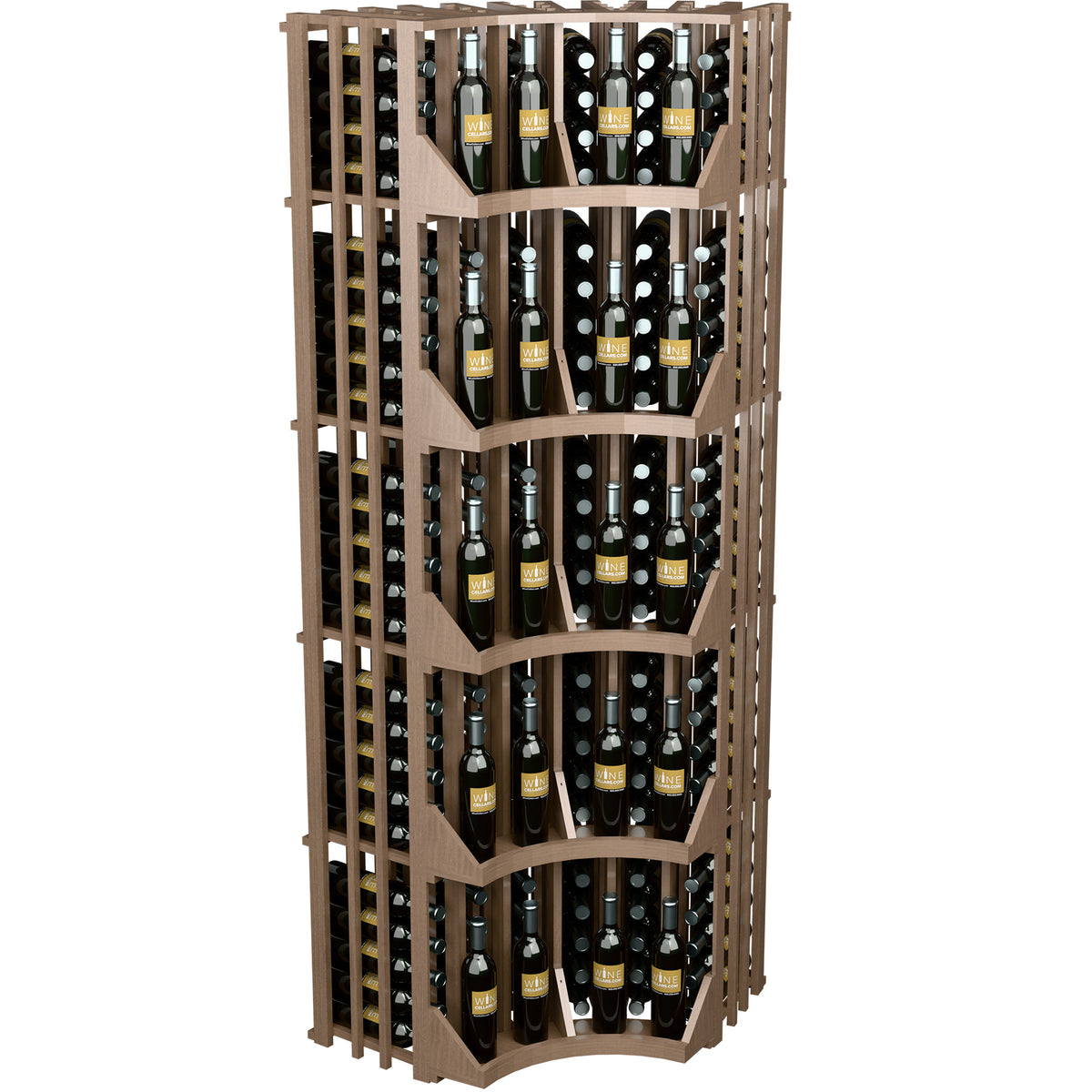 Light wood 6-column curved corner wine bottle display rack with open bottle slots
