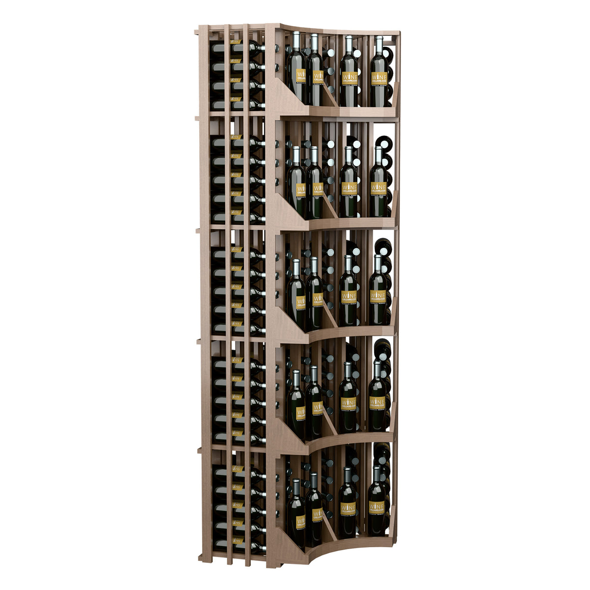 Light wood curved corner wine bottle display rack with multiple tiers and bottle storage