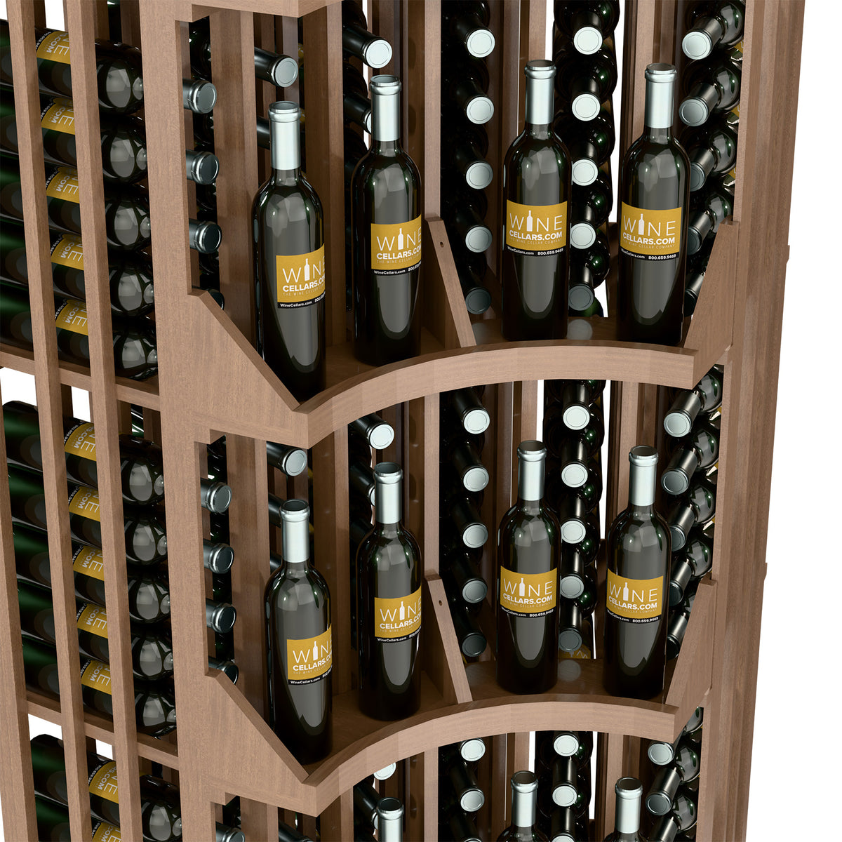 Light wood curved corner wine bottle wall display filled with bottles on tiered shelves