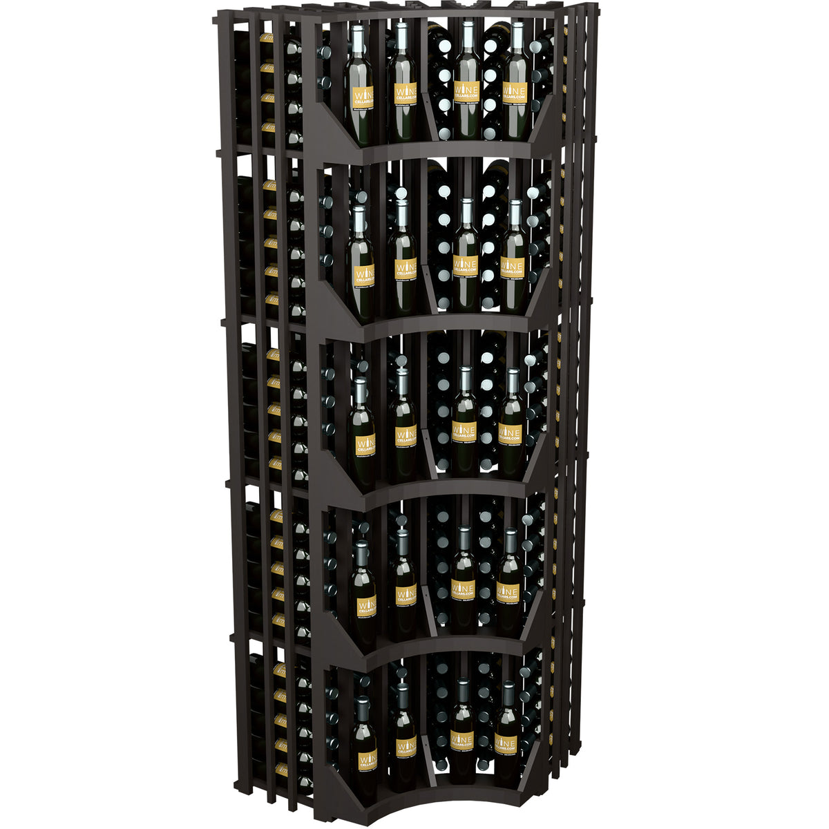 Dark wood curved corner wine bottle display rack with multiple tiers and bottle slots