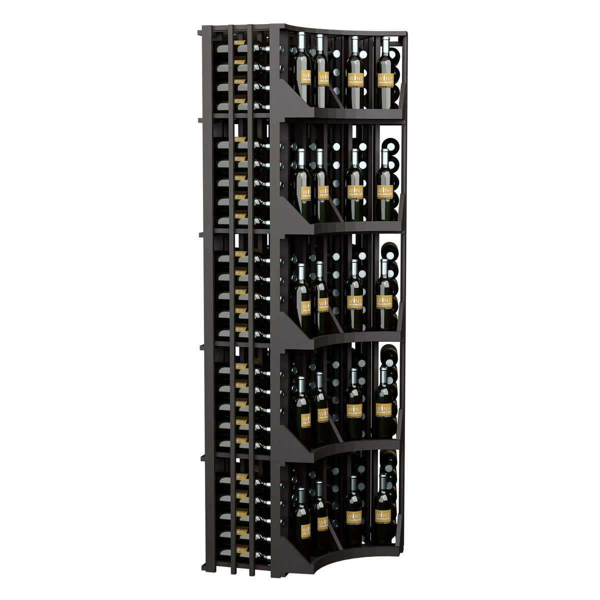 Dark wood 6-column curved corner wine bottle display with stepped shelves and bottles