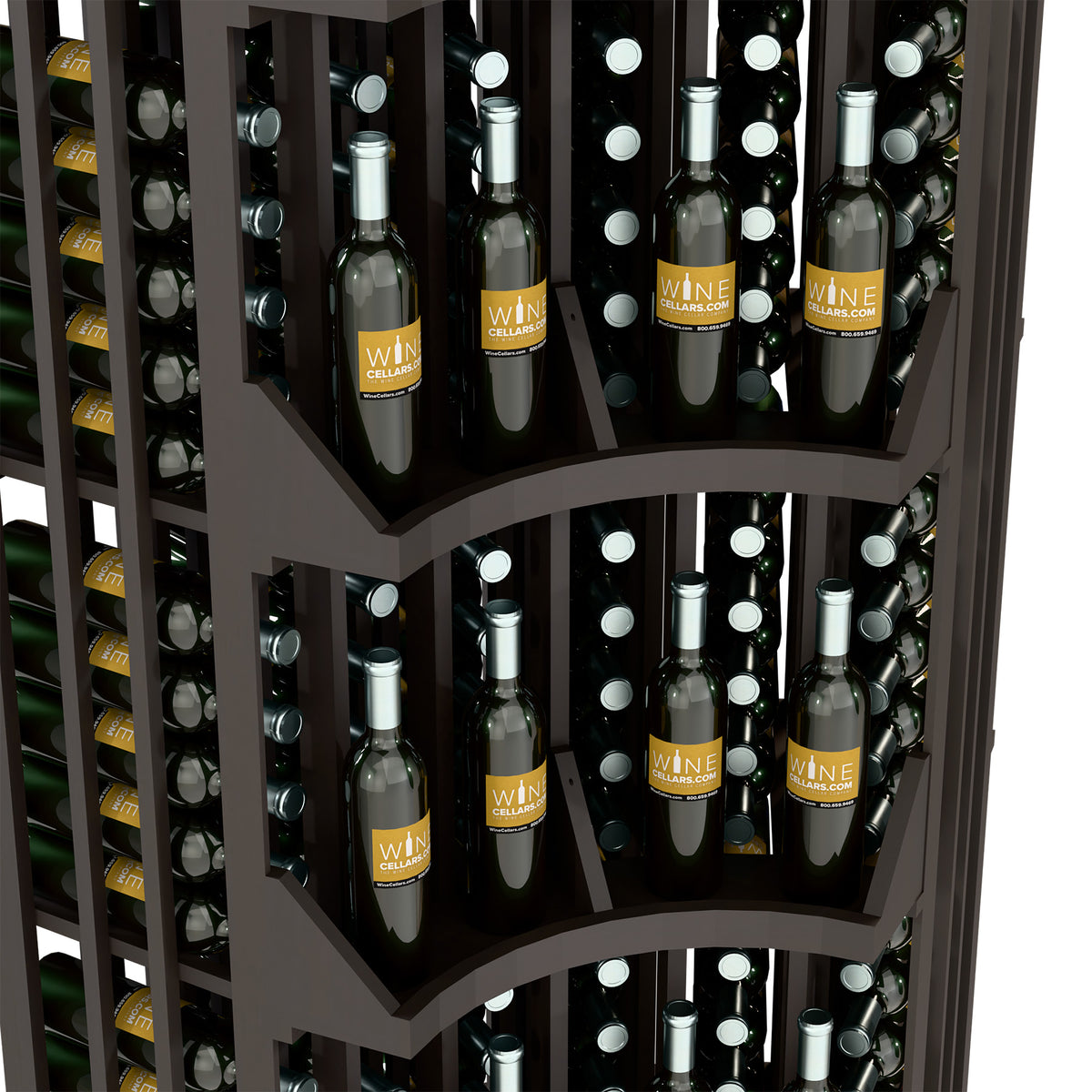 Light wood curved corner wine bottle wall display with bottles arranged on tiered shelves