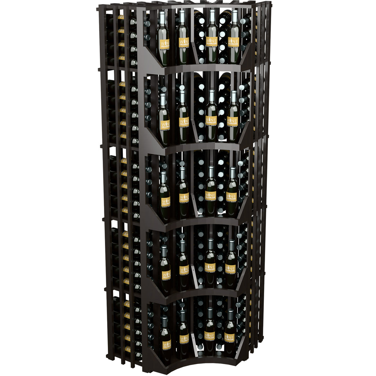 Dark wood curved corner wine bottle display rack with open columns and stacked tiers