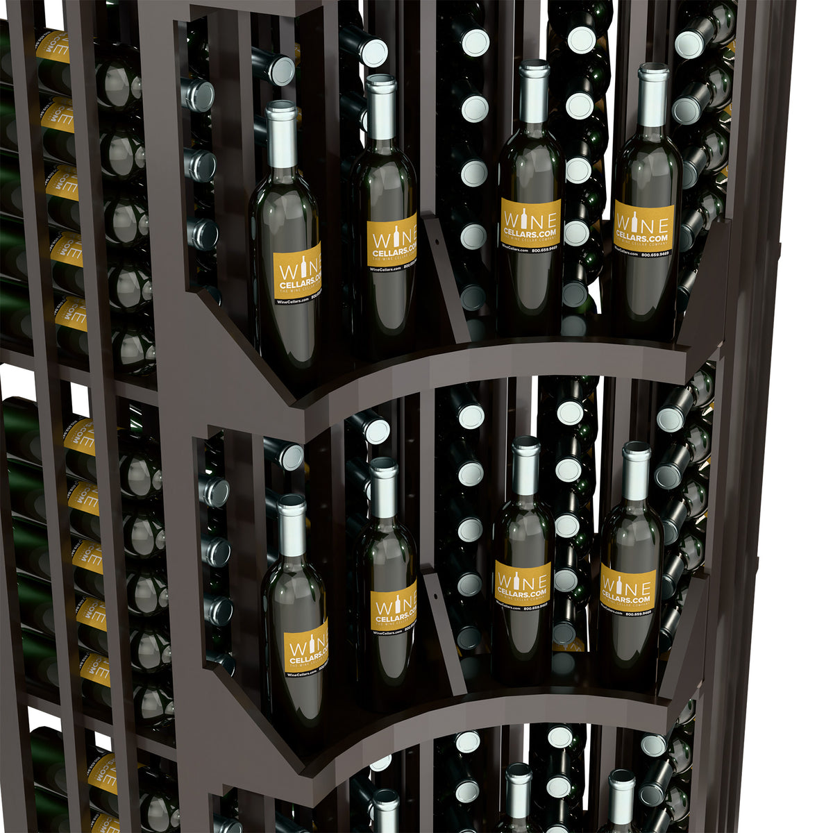 Light wood curved corner wine bottle wall display filled with bottles on tiered shelves