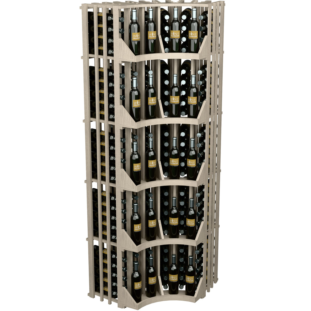 White wood 6-column curved corner wine display with arched bottle slots