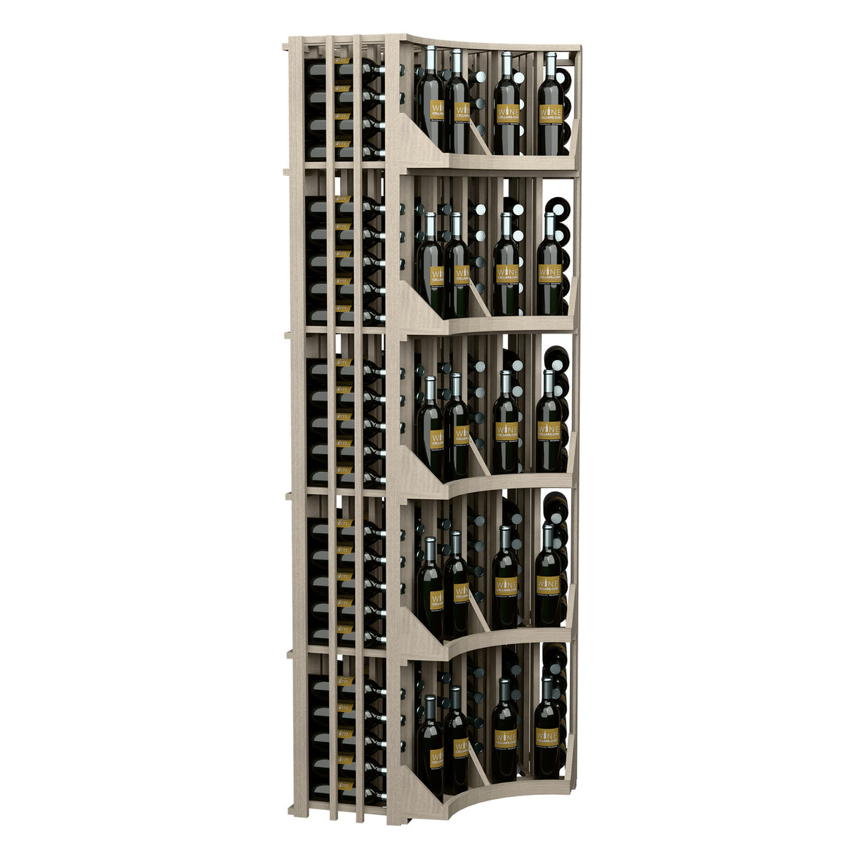 White wood 6-column corner wine display with grid bottle storage and arched tiers