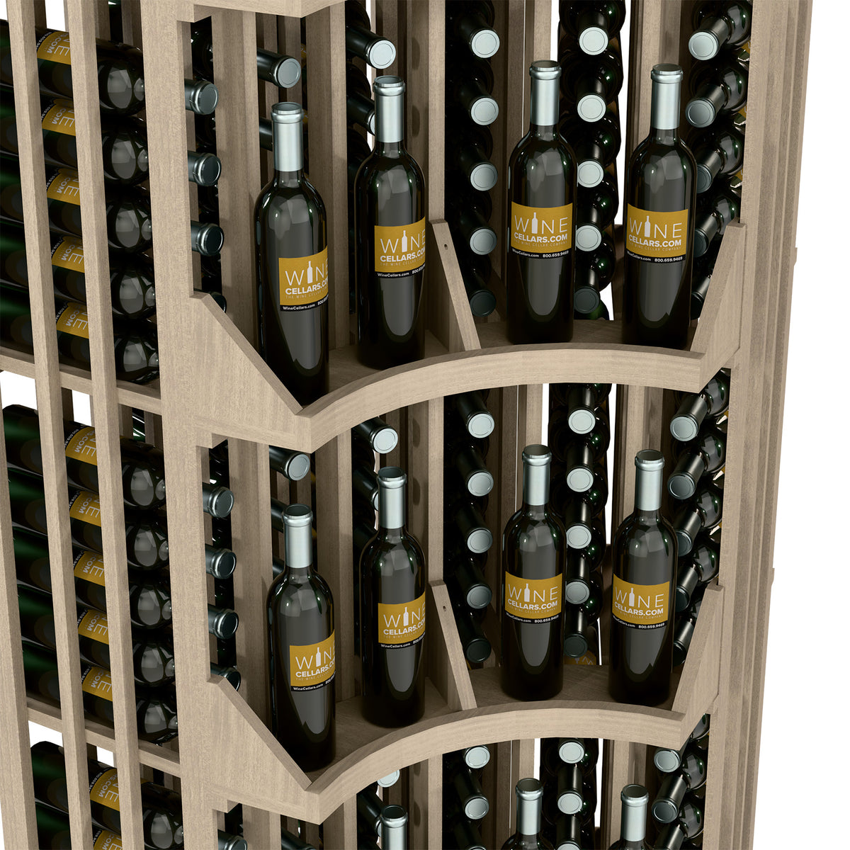 Close-up of arched rows in a 6-column wine display holding bottles in cubbies