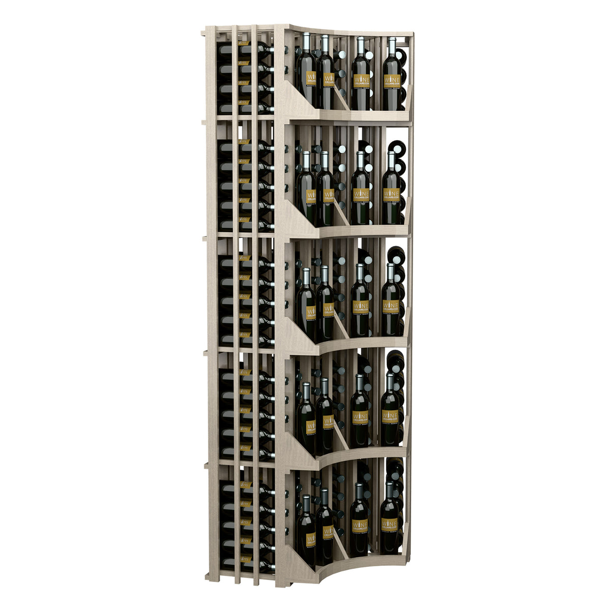 White wood 6-column corner wine display with bottle grid and arched shelves