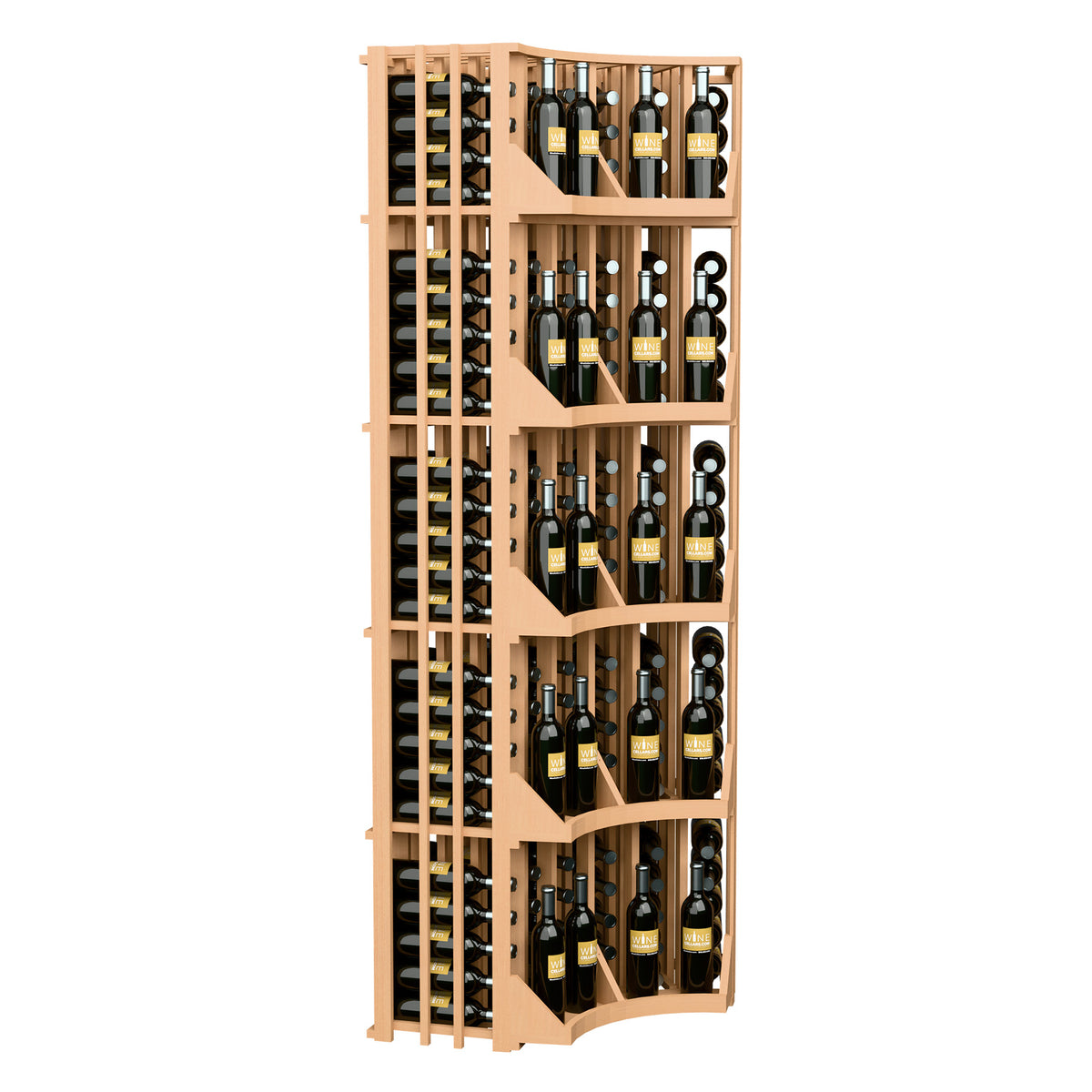 Light wood 6-column corner wine display with grid bottle storage and arched tiers