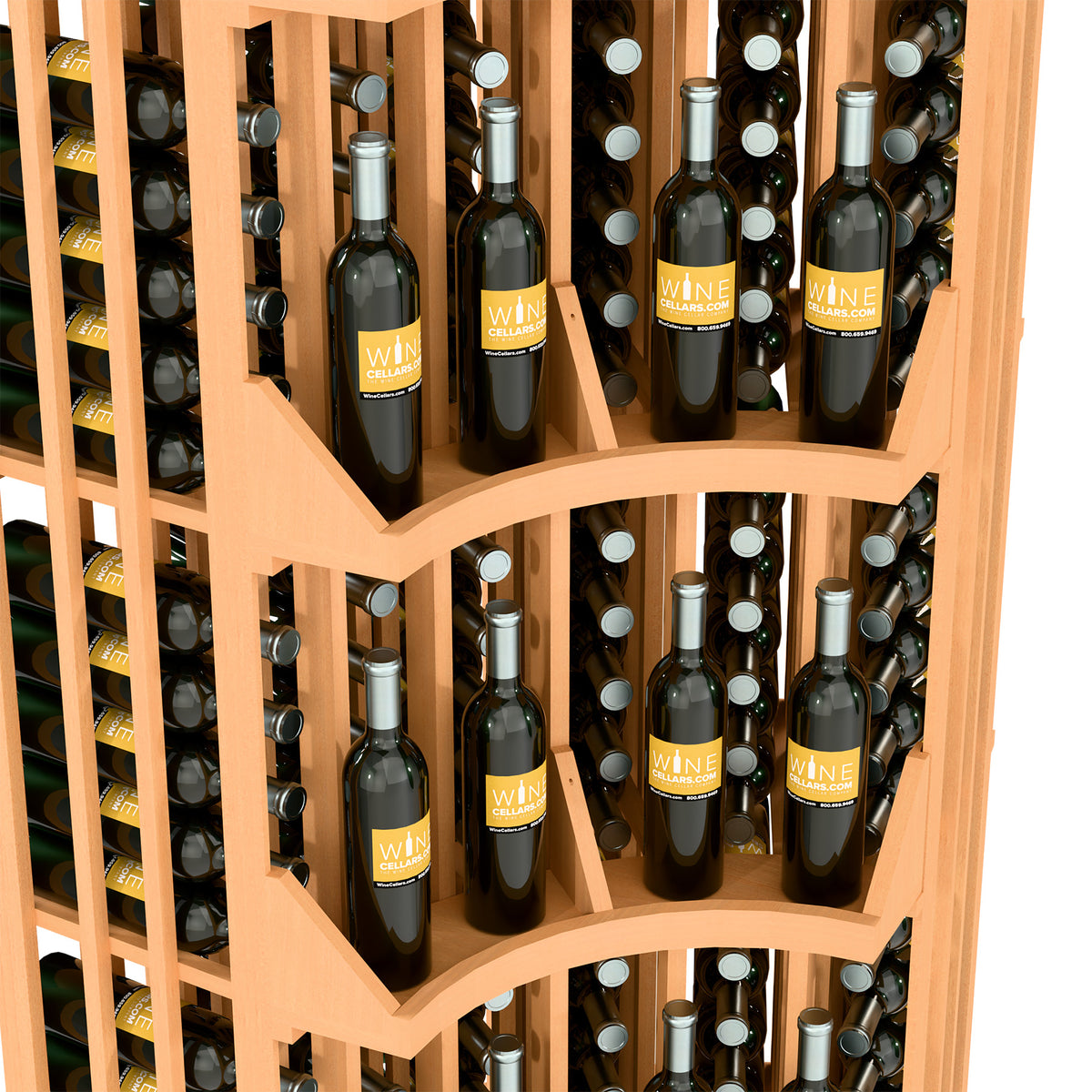 Close-up of arched bottle cubbies in a light wood 6-column wine display