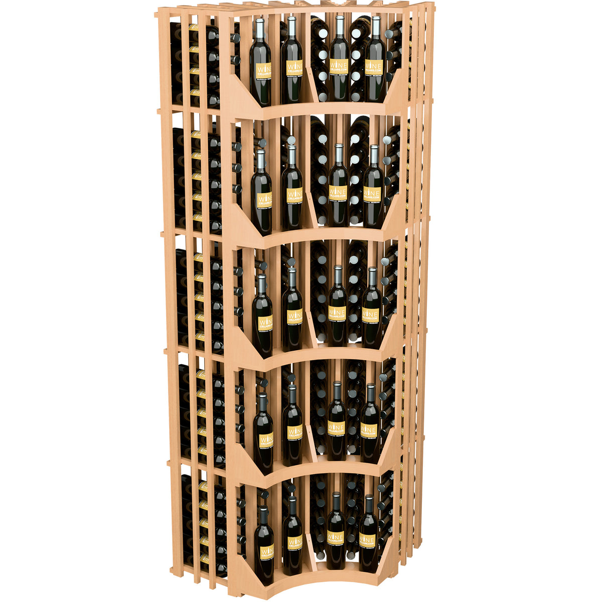 Light wood 6-column curved corner wine display cabinet with arched bottle compartments
