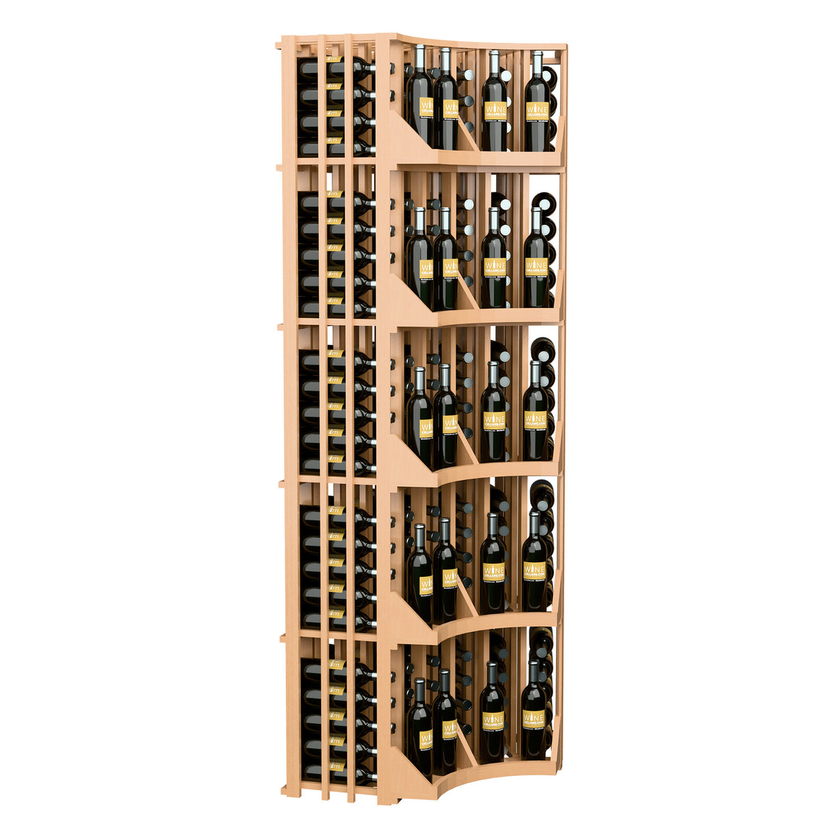 Natural wood 6-column curved corner wall wine display with bottle cubby shelves