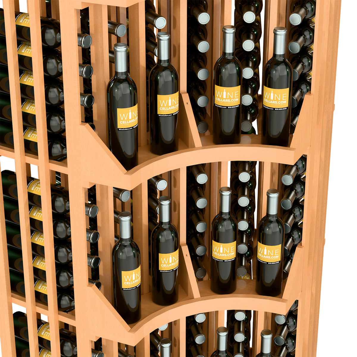 Natural wood corner wine display close-up: curved tier bottle cubbies and wine bottles
