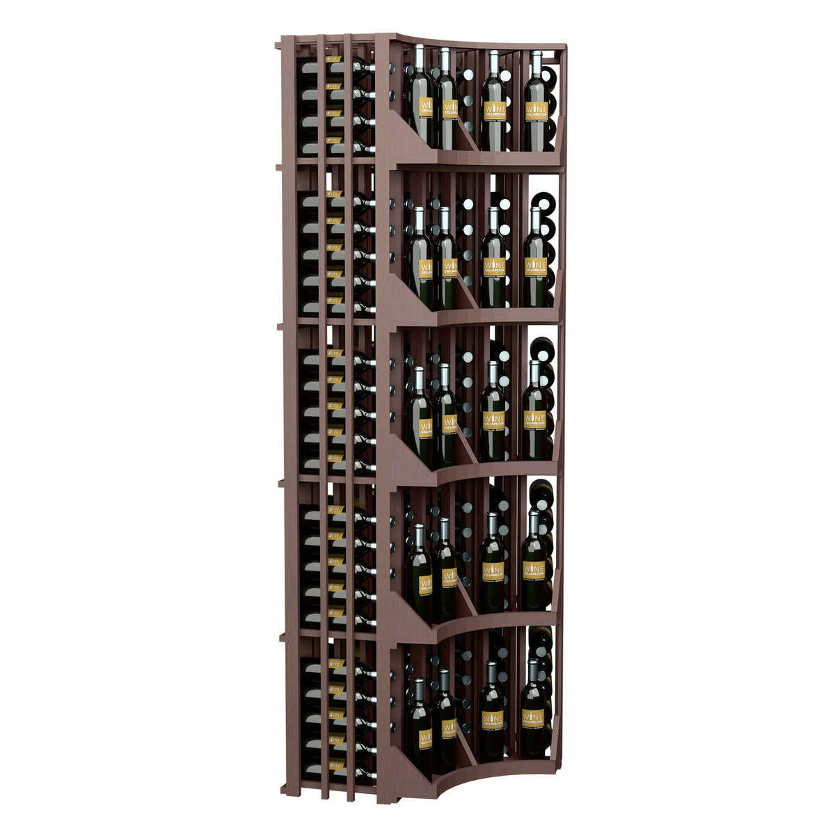 Dark wood 6-column curved corner wine display with open slat rack and tiered cubbies