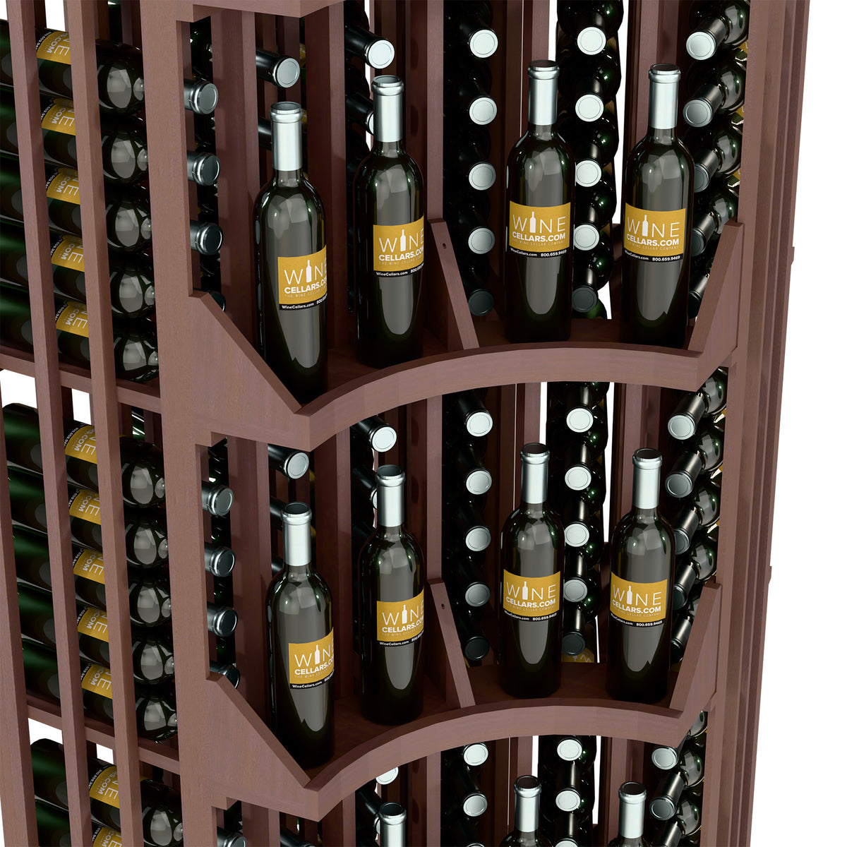 Dark wood corner wine display close-up of curved shelves holding wine bottles