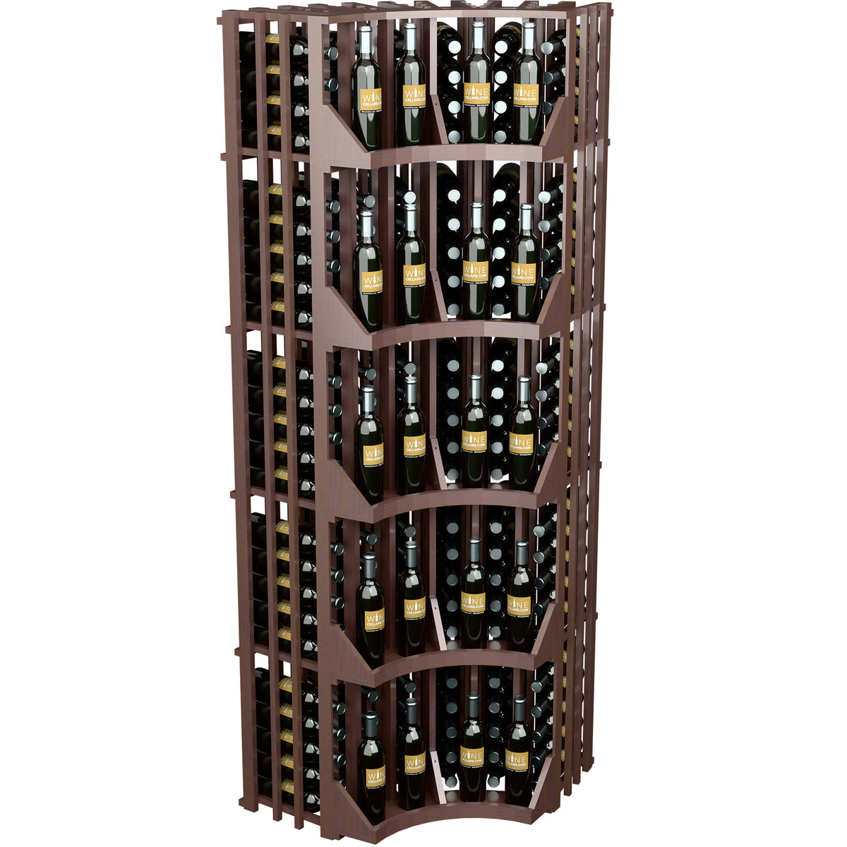 Dark wood 6-column curved corner wall wine display with stacked bottle cubby tiers