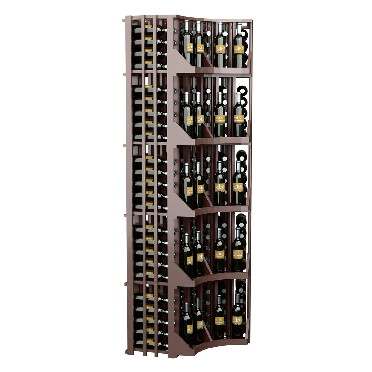 Light wood 6-column curved corner wall wine display with slat side rack and shelves