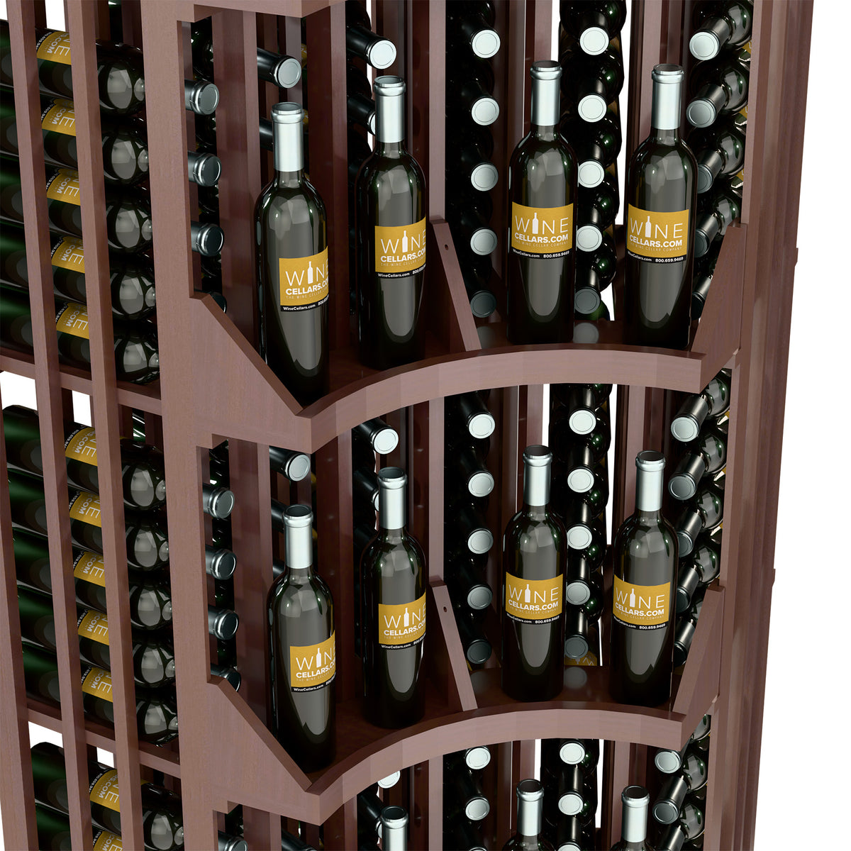 Light wood corner wine display close-up of curved tier shelves with wine bottles
