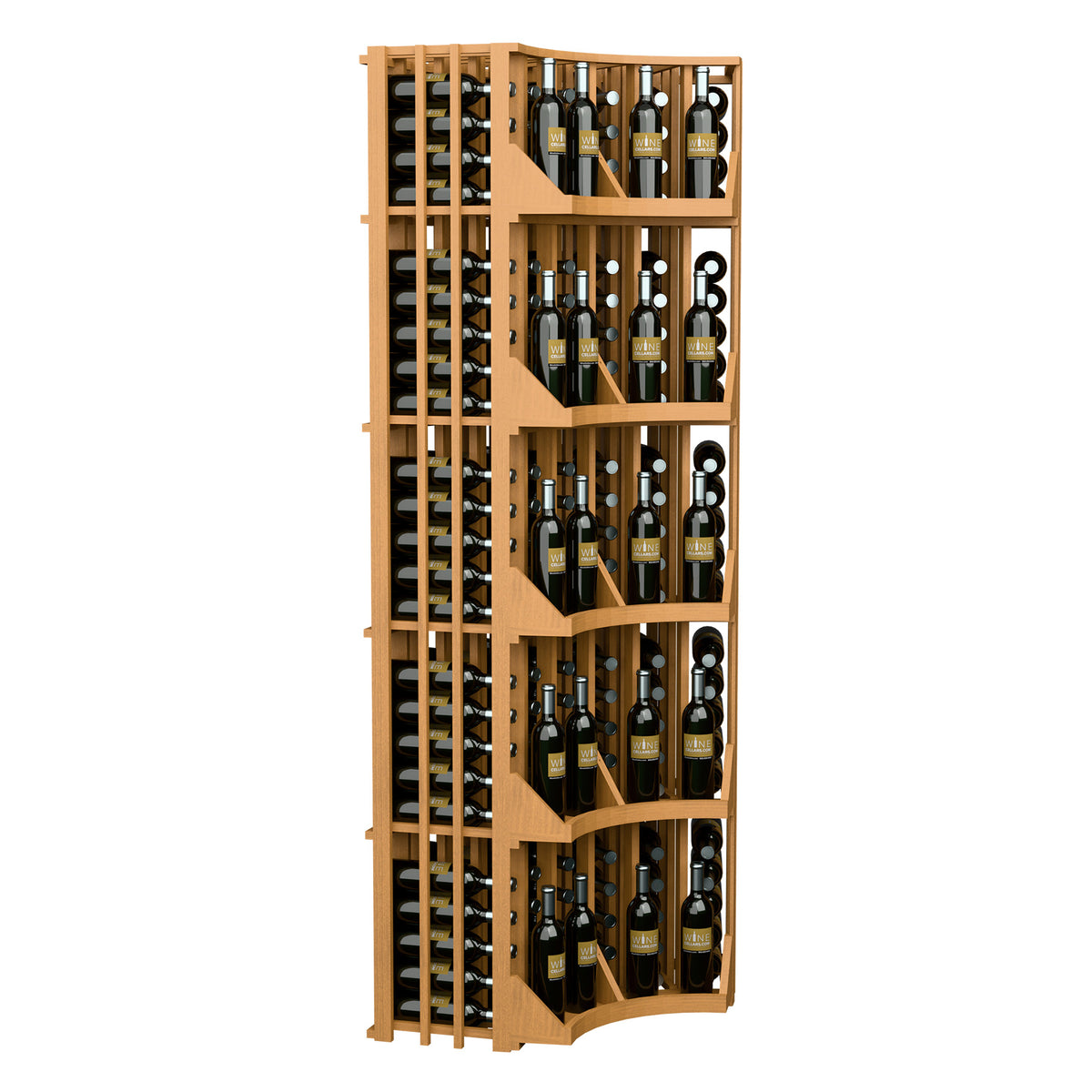 Light wood 6-column curved corner wall wine display with tiered bottle shelves