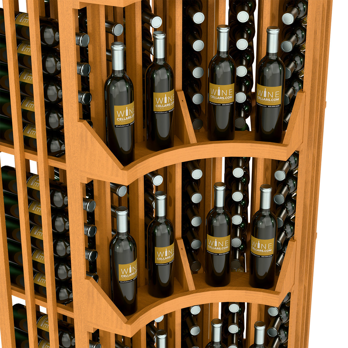 Dark wood curved corner wall wine display with angled bottle slots across multiple levels