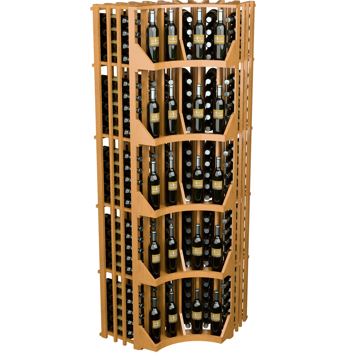 Light wood curved corner wall wine display with arched shelves and vertical bottle rows