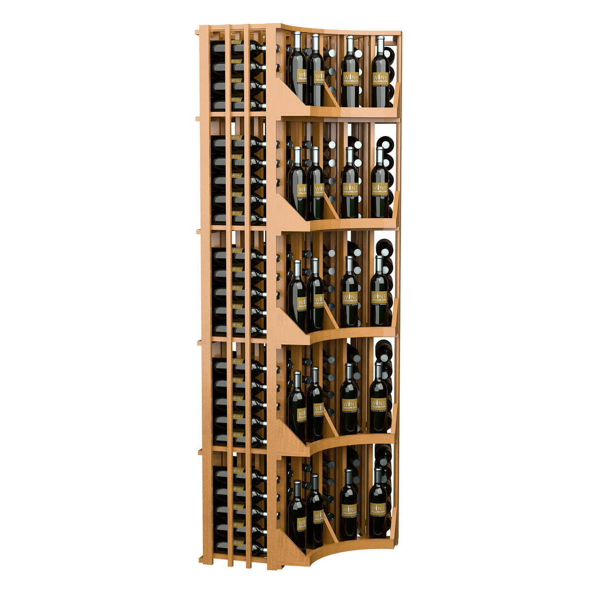 Light wood curved corner wall wine display with open bottle racks and rounded arched corner