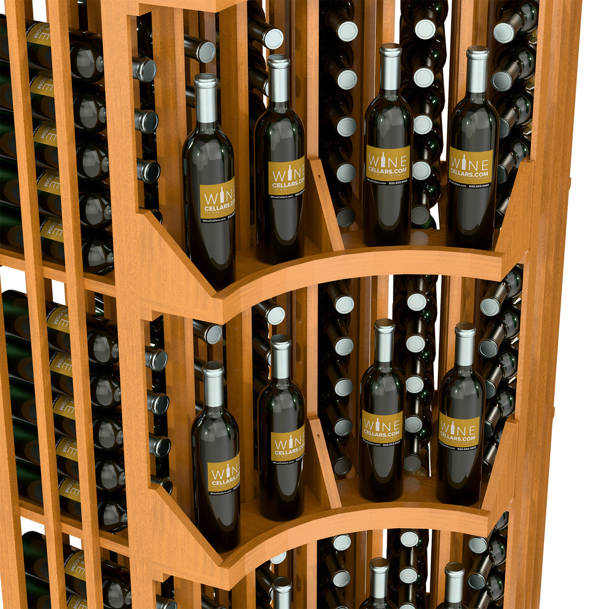 Dark wood curved corner wall wine display with angled compartments holding wine bottles