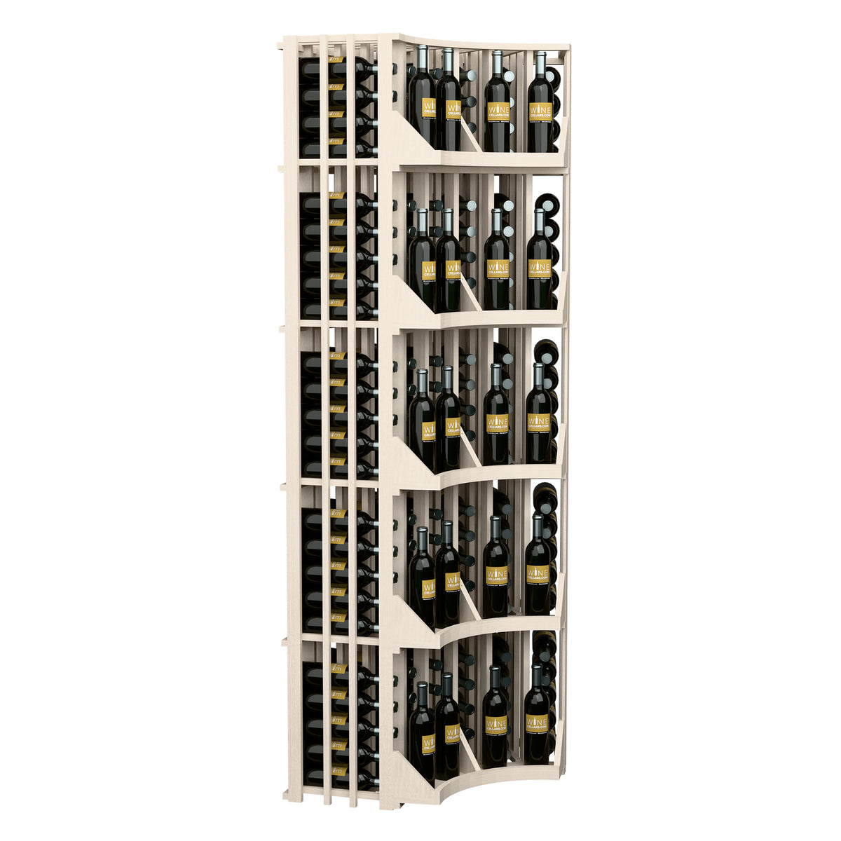 Light wood curved corner wall wine display with vertical slat rack and stepped arched shelves