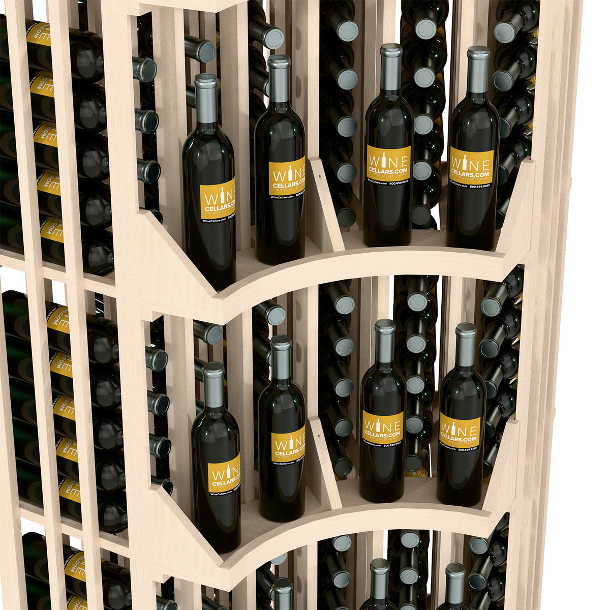 Light wood curved corner wall wine display with angled bottle compartments and arched corner