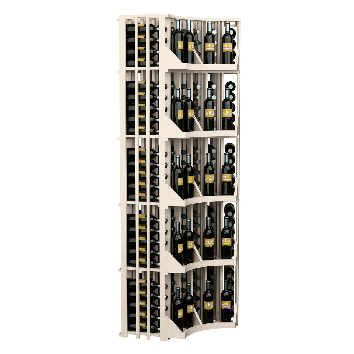 Light wood curved corner wall wine display with stepped arched shelves and vertical bottle storage