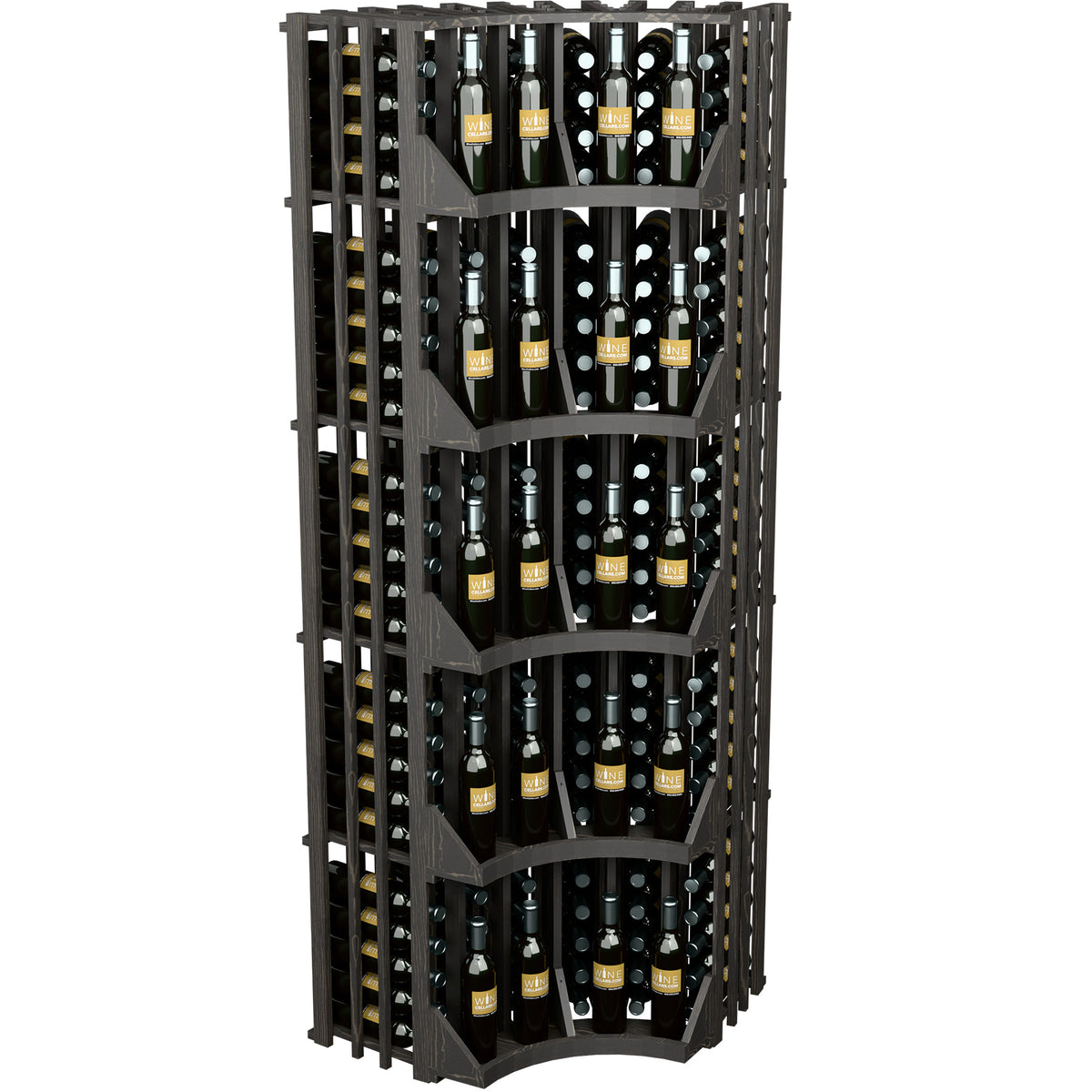 Black curved corner wall wine display with 6 bottle rows and side bottle slots