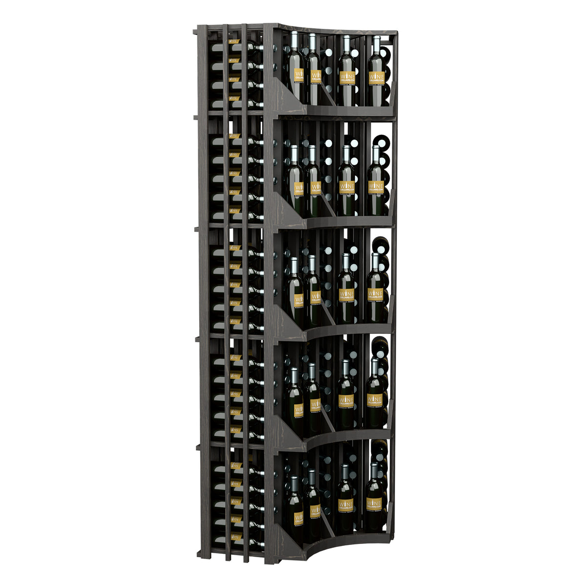 Black curved corner wall wine display showing back panel with 6 bottle shelves