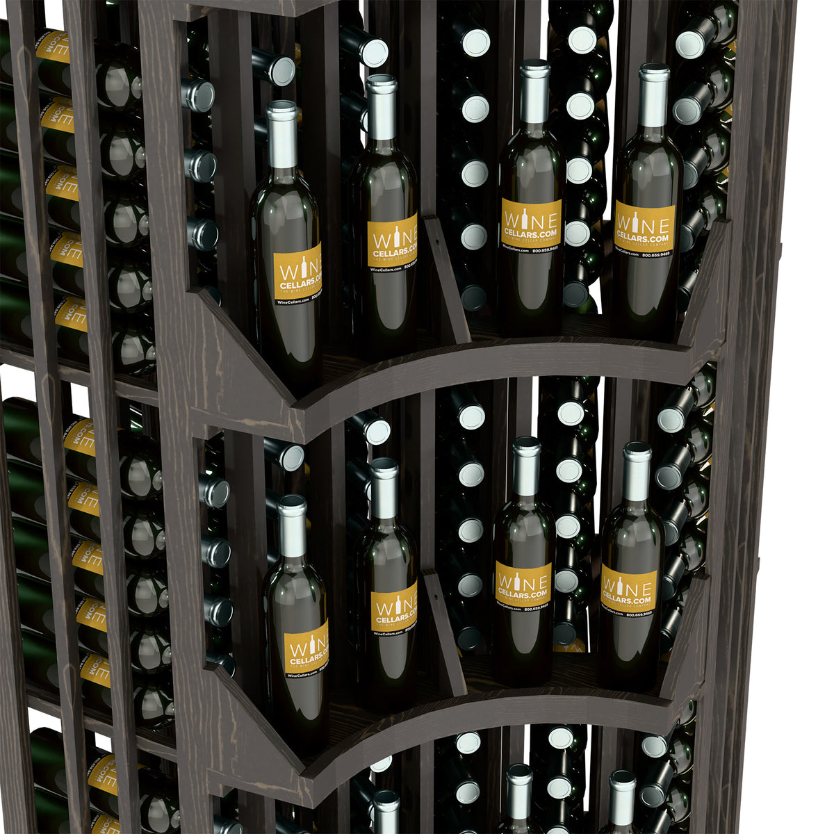 Close-up of bottle-filled wine display shelves with curved corner dividers