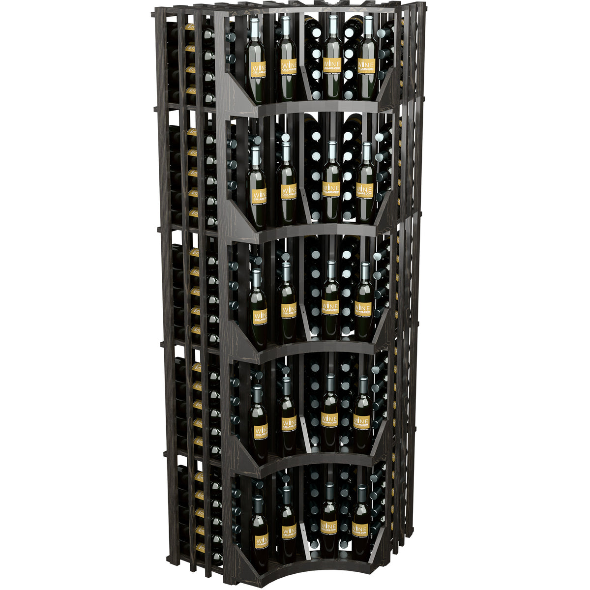 Black curved corner wine rack with 6 tier shelves and vertical bottle slots