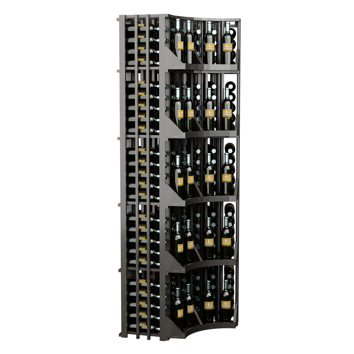 Black curved corner wall wine display with side slots and 6 bottle shelves