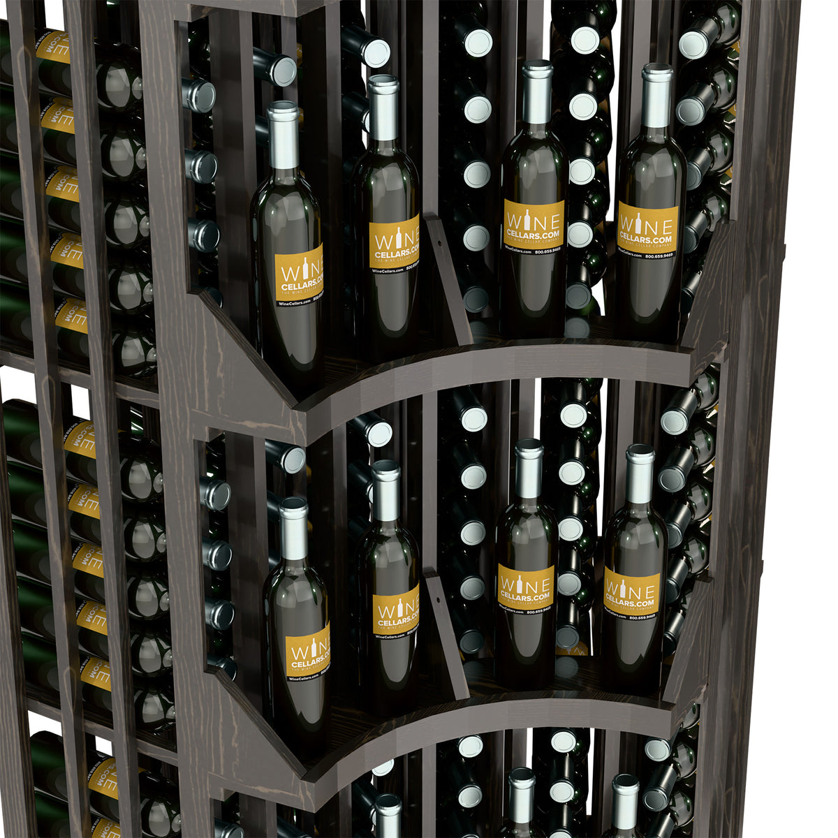 Close-up view of bottles in the curved corner wine rack shelves