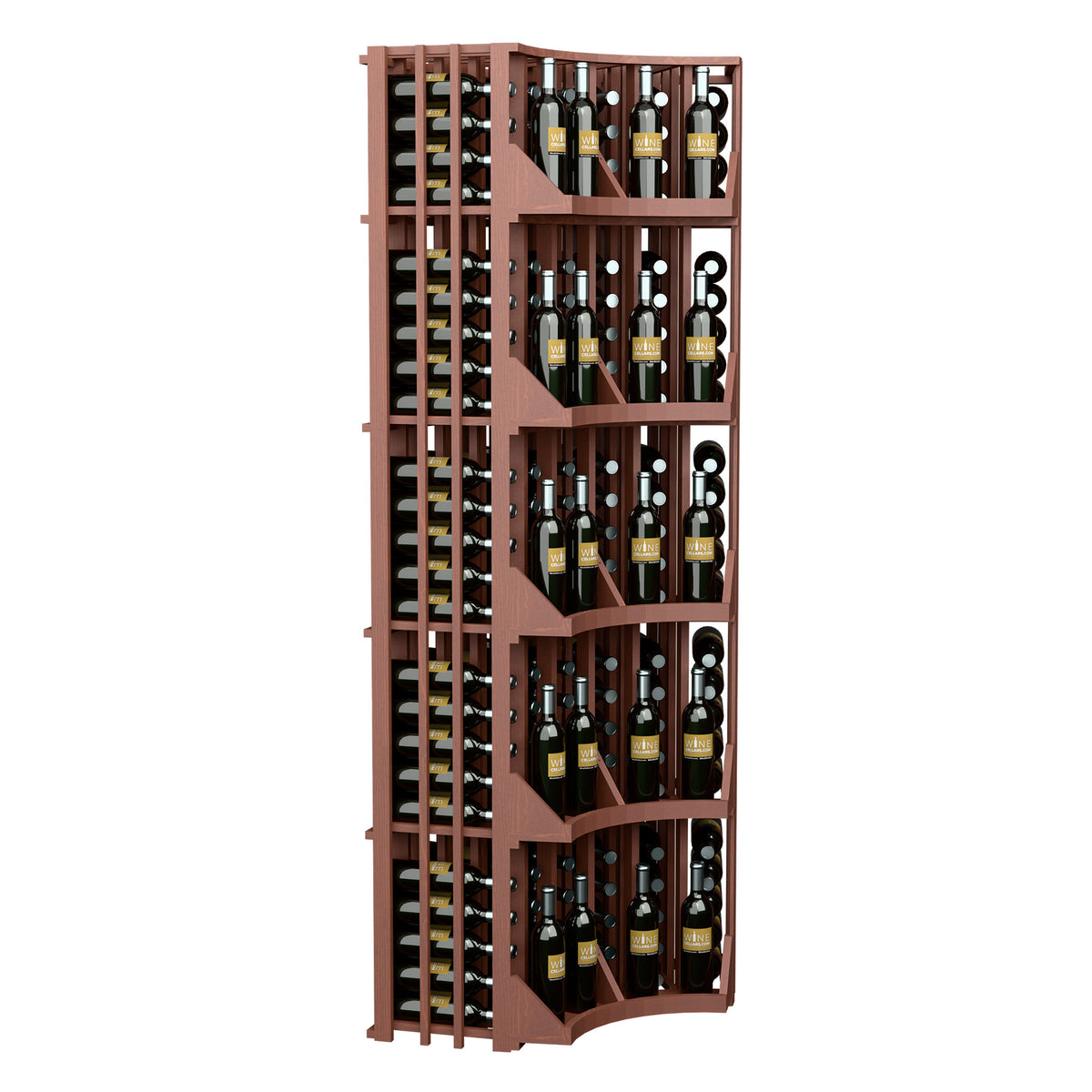 Brown curved corner wall wine rack showing side slots and 6 tier shelves