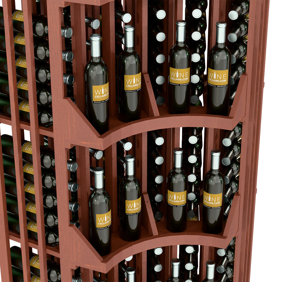 Close-up of wine bottles arranged on curved corner shelves in brown rack
