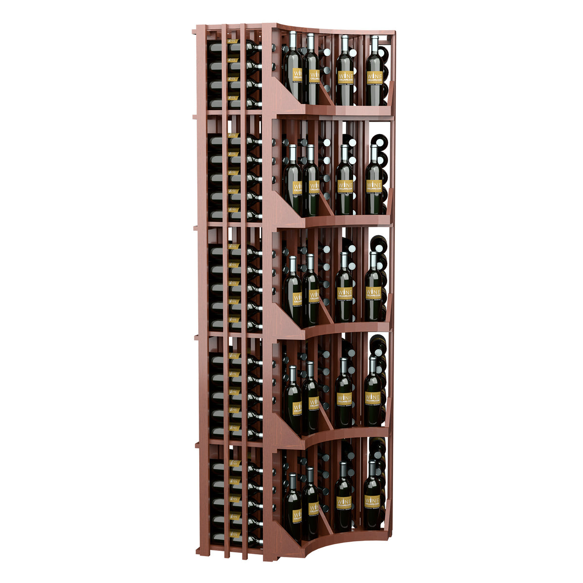 Curved corner wine display rack with 6 columns of bottle slots, dark stained wood