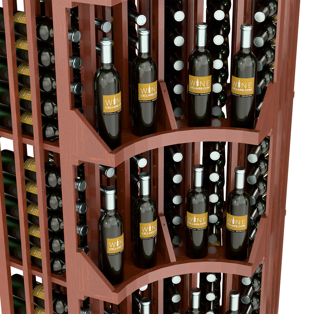 Curved corner wine display rack, close-up of arched shelves holding wine bottles