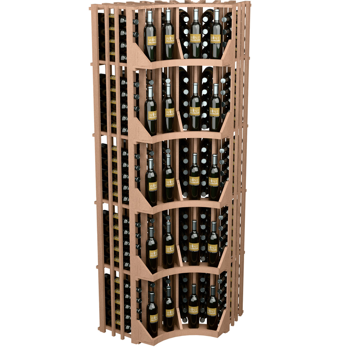 Curved corner wine display rack with 6 columns, light wood finish and arched bottle shelves